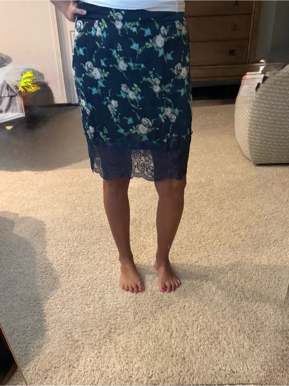 Forever 21 Navy Floral Lace-Hem Midi Skirt